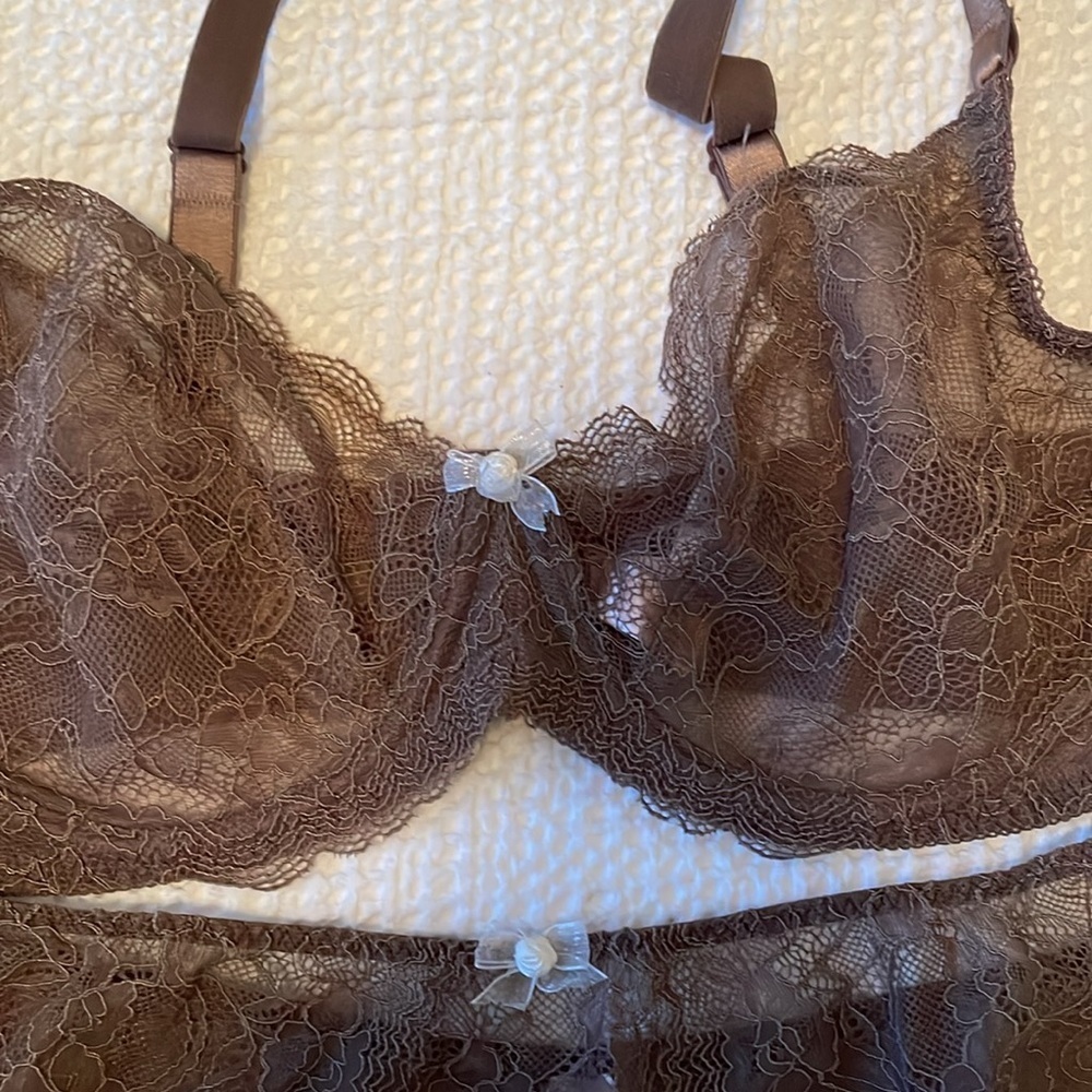 NWOT Victorias Secret Unlined Brown Lace Bra & Panty set 38D/XL - Picture 2 of 10